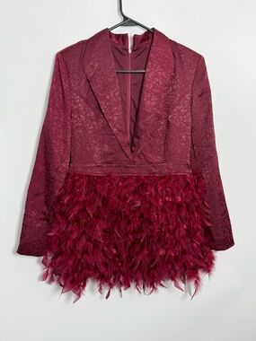 Loragal NWT Burgundy Feather Mini Dress Blazer Style Textured Jacquard Party L⁠